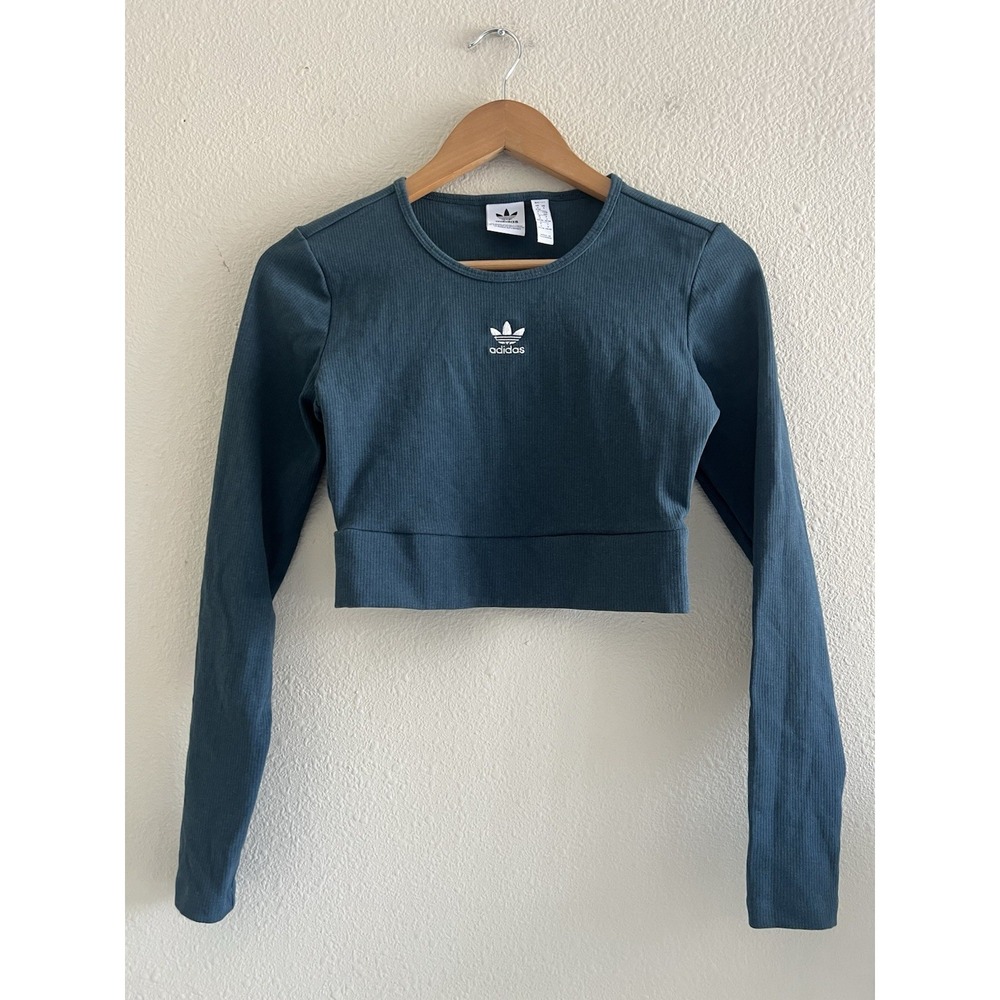 Adidas Ribbed Long Sleeve T-Shirt Teal Green Cropped Athleisure Sporty Casual - Picture 1 of 11
